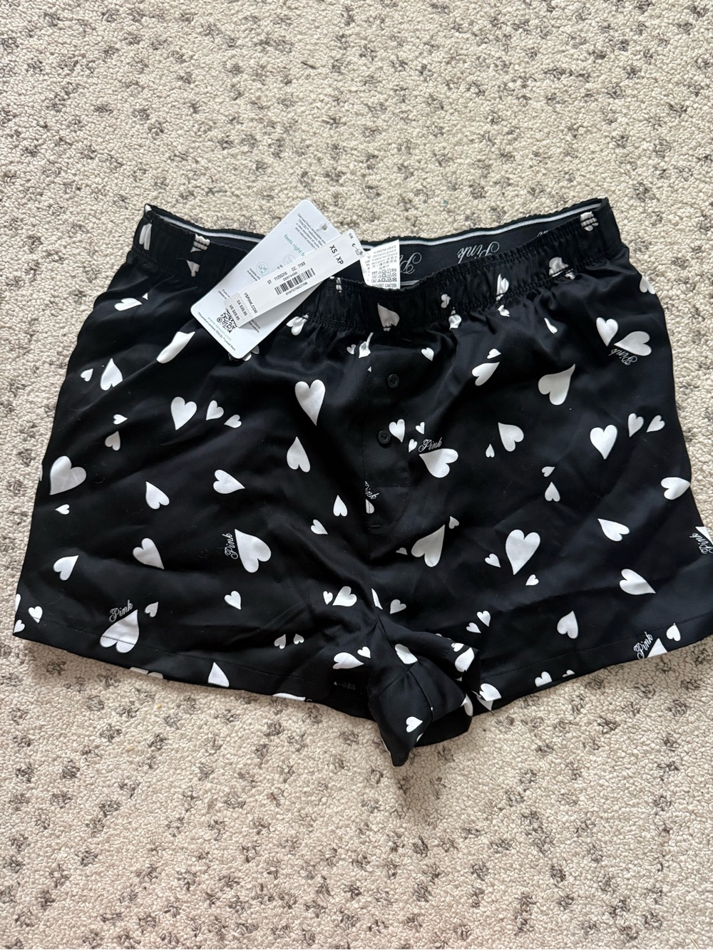 NWT Victoria’s Secret PINK satin sleep shorts black and white hearts Sz XS
